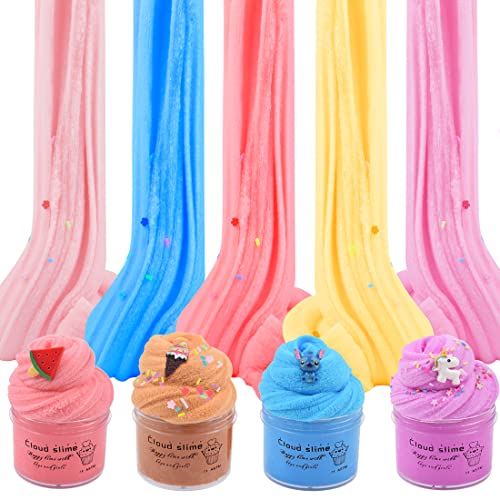 Paquete de 9 Mini Nubes Limo Slime para niñas,9 de Kits de Fluffy Cloud Slime,Incluye Unicornio Fruta Café y Stitch Slime Charms, etc. súper Suave y, Juguete de Masilla Anti-Stress para niñas y niños