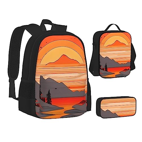 PartyUnix Tree Hills and Rivers - Mochila escolar de 3 piezas con lonchera y estuche para lápices, adecuado para niños y niñas, Black, Talla única, Mochila infantil