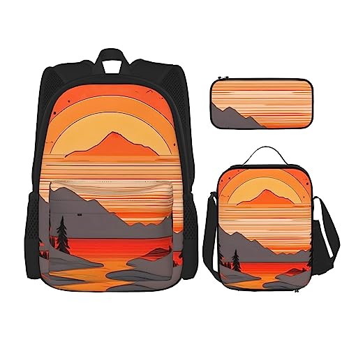 PartyUnix Tree Hills and Rivers - Mochila escolar de 3 piezas con lonchera y estuche para lápices, adecuado para niños y niñas, Black, Talla única, Mochila infantil