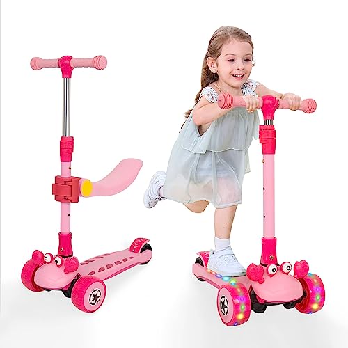 Patinete para Niños 2-en-1 con Asiento Extraíble, LED Ruedas, Patinete Infantil Manillar de Altura Ajustable de 60 a 76 cm para niños pequeños y niñas a Partir de 3 años(Rosa)