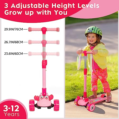 Patinete para Niños 2-en-1 con Asiento Extraíble, LED Ruedas, Patinete Infantil Manillar de Altura Ajustable de 60 a 76 cm para niños pequeños y niñas a Partir de 3 años(Rosa)