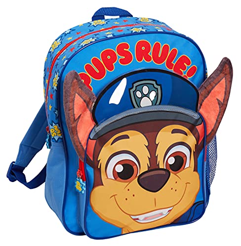 Paw Patrol Mochila para niños 3D Plush Chase Mochila grande Mochila Escuela Guardería Bolsa de viaje con soporte para bebidas, Blue, Talla única, Mochila