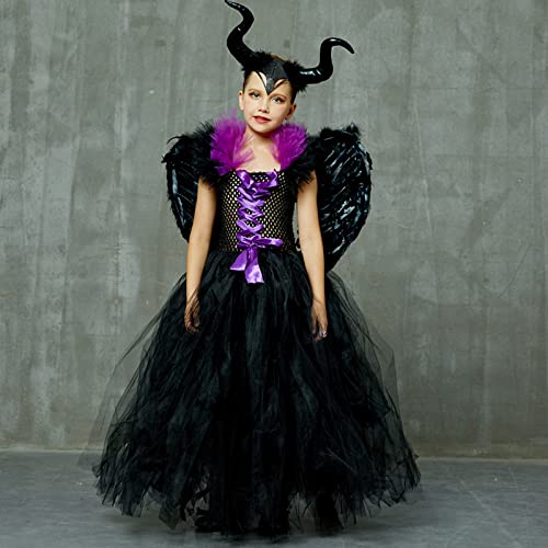 PDYLZWZY Disfraz de maléfica para niña, bruja, diablo de punto, villano, vestido de tul maléfica, vestido de reina maléfica, juego de diadema para Halloween, cosplay (negro, 6-7 años)