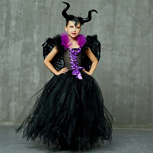 PDYLZWZY Disfraz de maléfica para niña, bruja, diablo de punto, villano, vestido de tul maléfica, vestido de reina maléfica, juego de diadema para Halloween, cosplay (negro, 6-7 años)