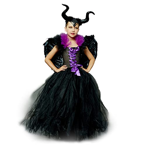 PDYLZWZY Disfraz de maléfica para niña, bruja, diablo de punto, villano, vestido de tul maléfica, vestido de reina maléfica, juego de diadema para Halloween, cosplay (negro, 6-7 años)