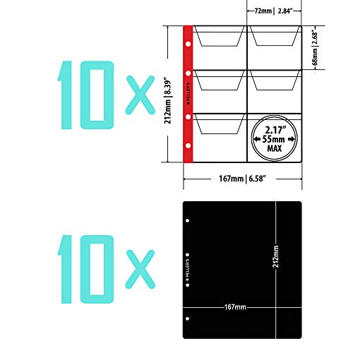 PELLER'S Álbum de colección M para 60 Monedas Muy Grandes de hasta 55mm de diámetro, 10 Fundas y cartulinas separadoras. para Geocaching, Fichas, Medallas, Dólar Águila, etc. (Modelo M con Cajetin)