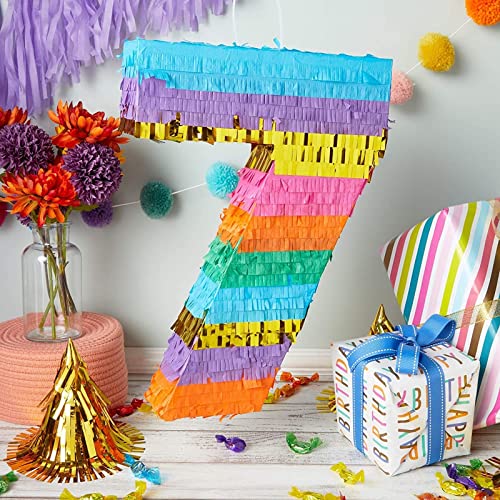 Pequeña piñata arcoíris con el número 7 para fiestas de cumpleaños de niños de 7 años, 29 cm x 16,5 cm x 7,6 cm