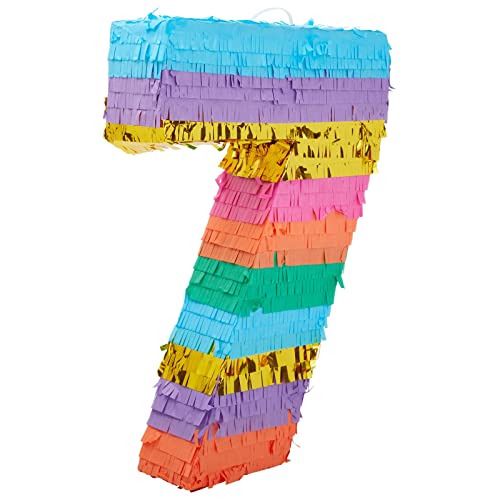 Pequeña piñata arcoíris con el número 7 para fiestas de cumpleaños de niños de 7 años, 29 cm x 16,5 cm x 7,6 cm