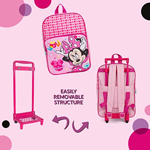 PERLETTI Mochila con Ruedas Disney Minnie Mouse para Niña - Bolso Escolar con Carro, Rosa para Niñas - Mochila Trolley con Ruedas Extraibles y Bolsillo Frontal Fucsia Guardería 36x24x12 cm