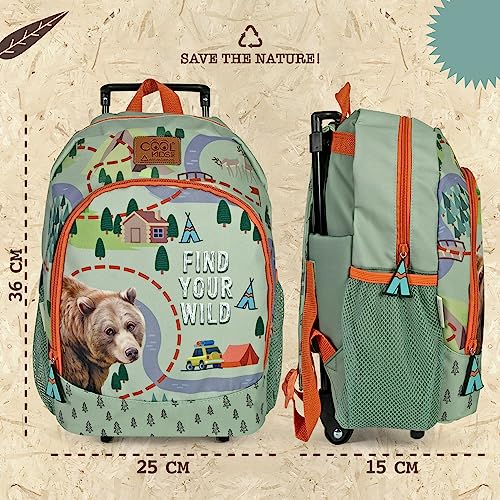 PERLETTI Mochila con Ruedas Niño Ecológica con Oso Bolsillo Frontal - Mochila Trolley Niños Detalles Reflectantes Escuela Viaje - Trolley Infantil Ajustable Material Reciclable - 36x25x15cm (Oso)