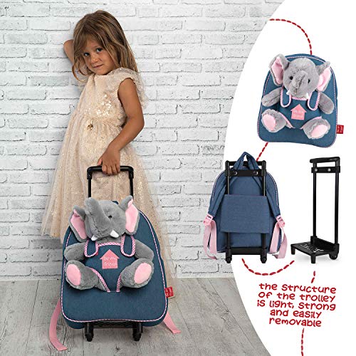 PERLETTI Mochila Trolley Infantil con Elefantito de Peluche - Bolsa con Ruedas y Muñeco Niños Niñas 3 4 5 Años - Pequeño Bolso Escolar para Escuela Guardería Viaje - 29x33x11 cm (Elefante)