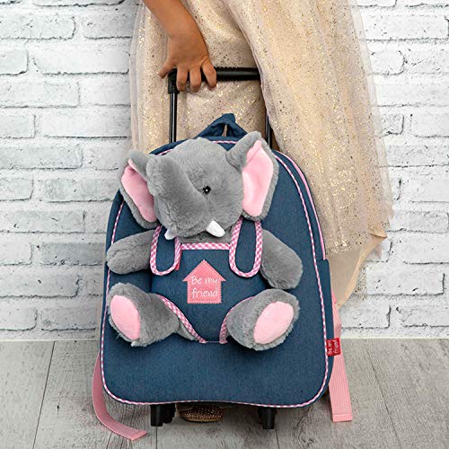 PERLETTI Mochila Trolley Infantil con Elefantito de Peluche - Bolsa con Ruedas y Muñeco Niños Niñas 3 4 5 Años - Pequeño Bolso Escolar para Escuela Guardería Viaje - 29x33x11 cm (Elefante)