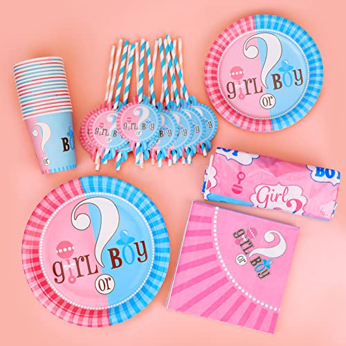 PHOGARY Vajilla de Baby Shower Decoración, 81pcs Gender Reveal para 16 Invitaciones, Fiesta de Revelación de Género del Bebé (Azul y Rosa)