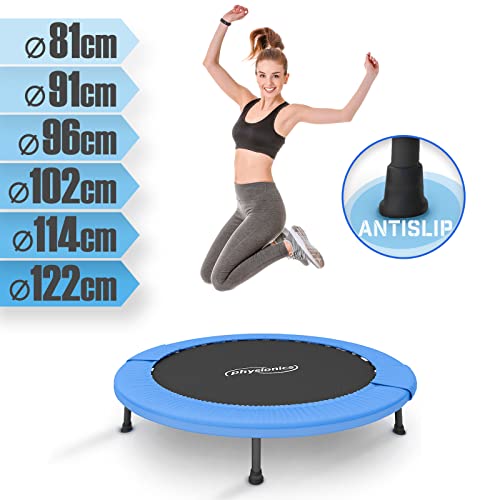 Physionics® Mini Trampolín - Diámetros Disponibles (Ø) 81/91/96/102/114/122 cm, Máx. 100 kg, Soportes Antideslizantes, para Exterior y Interior - Trampolín de Fitness, Ejercicios