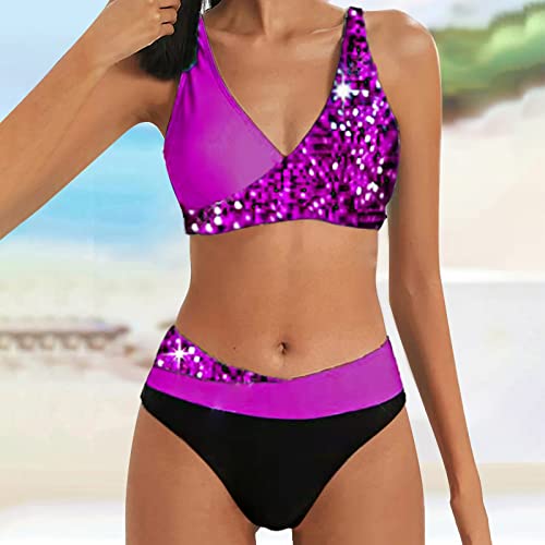 Pianshanzi Bikini para mujer, push up, traje de baño de dos piezas, bikini con traje de baño extraíble, juego push up acolchado para abdomen, camiseta de entrenamiento, triángulo, bikini, morado, XXL