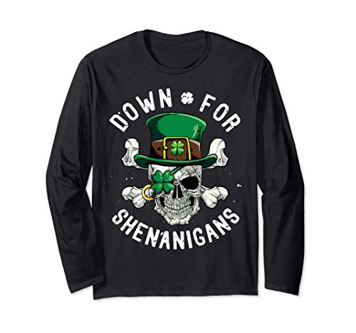 Pirate St Patricks Day Skull Leprechaun Down For Shenanigans Manga Larga