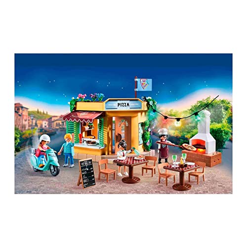 PLAYMOBIL City Life Pizzería, A Partir de 4 años (70336) & Family Fun 71001 Aventura en la Casa del Árbol con tobogán, Fogata LED, Juguetes para niños a Partir de 4 años