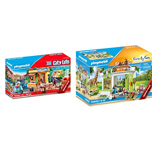 PLAYMOBIL City Life Pizzería, A Partir de 4 años (70336) & Family Fun 71001 Aventura en la Casa del Árbol con tobogán, Fogata LED, Juguetes para niños a Partir de 4 años