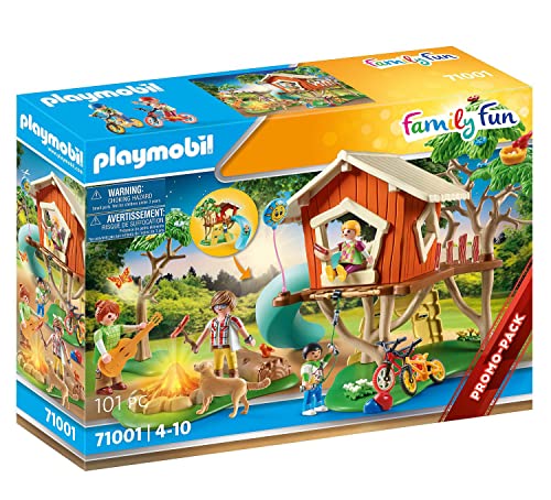 PLAYMOBIL Family Fun 71001 Aventura en la Casa del Árbol con tobogán, Fogata LED, Juguetes para niños a partir de 4 años & Family Fun 70611 Piscina Infantil con bañera hidromasaje, Para jugar con agua