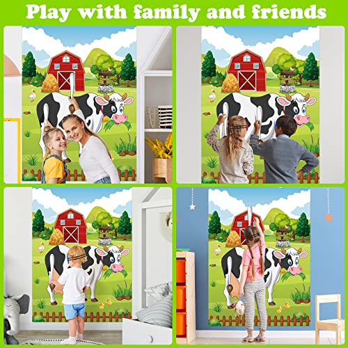 PLULON Pin The Tail on The Cow Farm Party Game Póster de Juego de Vaca con 24 Pegatinas de Cola para decoración de Pared de Animales de Granja, Suministros de Juego de Fiesta de cumpleaños