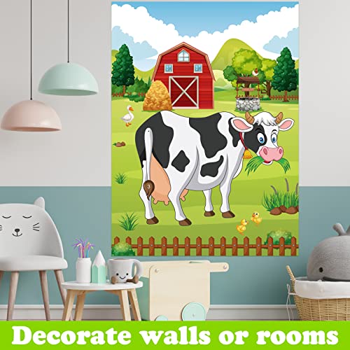 PLULON Pin The Tail on The Cow Farm Party Game Póster de Juego de Vaca con 24 Pegatinas de Cola para decoración de Pared de Animales de Granja, Suministros de Juego de Fiesta de cumpleaños