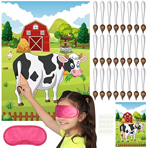 PLULON Pin The Tail on The Cow Farm Party Game Póster de Juego de Vaca con 24 Pegatinas de Cola para decoración de Pared de Animales de Granja, Suministros de Juego de Fiesta de cumpleaños