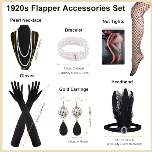 PLULON Vestido estilo flapper con flecos y cuentas de lentejuelas de los años 20 con conjunto de accesorios de los años 20 (negro)