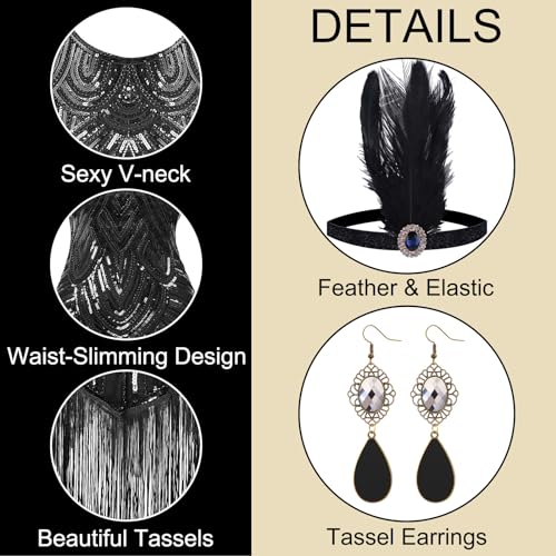 PLULON Vestido estilo flapper con flecos y cuentas de lentejuelas de los años 20 con conjunto de accesorios de los años 20 (negro)