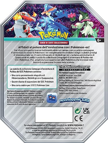 Pokémon- Caja Coleccionable de Paldea del GCC Compañeros de Aventura – Skeledirge-ex (una Tarjeta Promocional holográfica y Cuatro Sobres de expansión), edición en Italiano (210-60385)
