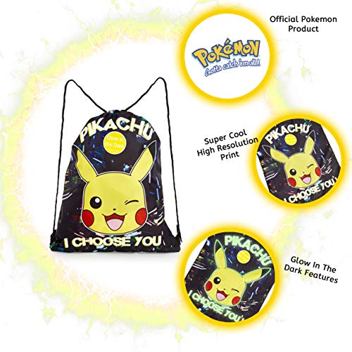 Pokemon Mochila de Cuerdas Niño, Bolsa de Tela Estampado Pikachu, Mochila Niño Que Brilla en la Oscuridad, Bolsa de Deporte Bolsa Viaje, Regalos para Niños Adolescentes Adultos