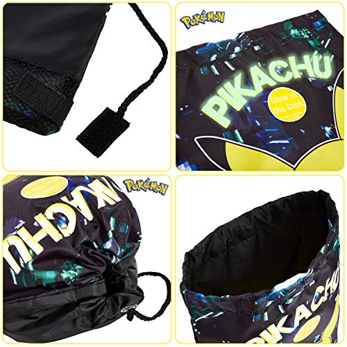 Pokemon Mochila de Cuerdas Niño, Bolsa de Tela Estampado Pikachu, Mochila Niño Que Brilla en la Oscuridad, Bolsa de Deporte Bolsa Viaje, Regalos para Niños Adolescentes Adultos