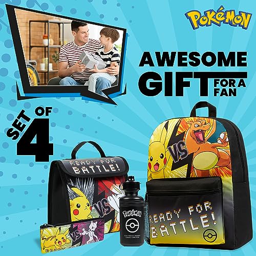 Pokemon Mochila Escolar Figuras Niños 4 Piezas, Conjunto Material Escolar con Mochila, Lonchera Aislada, Estuche Escolar para Lápices y Botella de Agua, Regalos Niños (Negro/Amarillo)