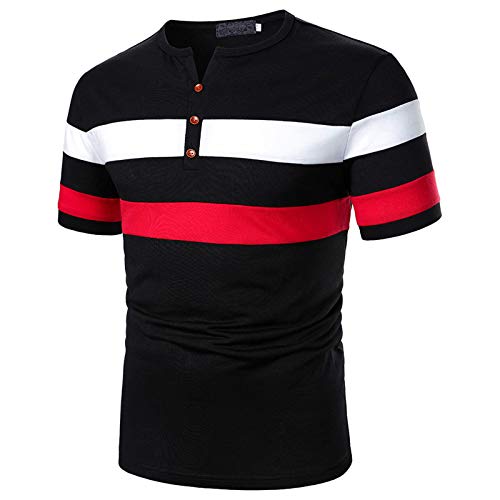 Polo de manga corta para hombre, de corte regular, para el tiempo libre, moderno, clásico, polo de fitness, con solapa, botones, camiseta deportiva, de patchwork, para golf, básica, Negro , M