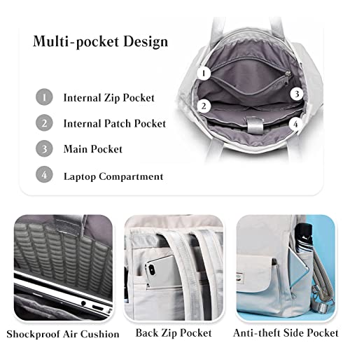 PORRASSO Mujer Mochila Casual Bolso de Hombro con Puerto USB Correa para Equipaje Bolso Escolar para 15.6 Inch Portátil Mochila Colegio Trabaja Viajes Daypack Gris