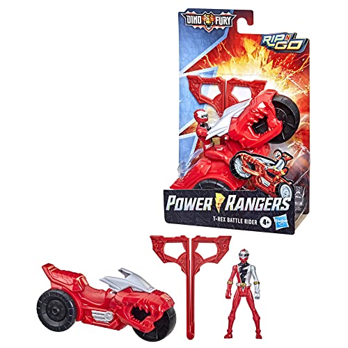 Power Rangers Dino Fury Rip N Go T-Rex Battle Rider and Dino Fury Red Ranger 15-cm-Scale Vehicle and Action Figure Toys, Multicolor (F4213)