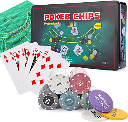 powerking Juego de póquer para Texas Holdem, Blackjack 300 fichas, juego de póquer con mantel, juego para familia, amigos, fiestas