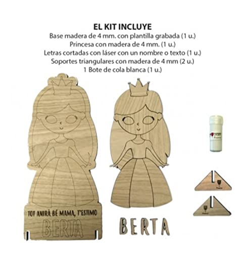 PRINCESA de madera PERSONALIZABLE con nombre o frase que quieras, KIT de MANUALIDADES "PRINCESA" para disfrutar de un rato creativo en familia