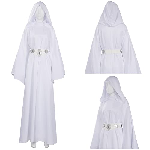 Princesa Leia - Vestido blanco para mujer, vestido largo con cinturón, disfraz de fiesta de Halloween, traje de carnaval, talla S