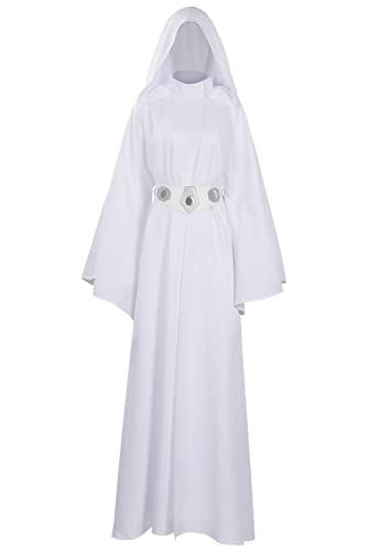 Princesa Leia - Vestido blanco para mujer, vestido largo con cinturón, disfraz de fiesta de Halloween, traje de carnaval, talla S