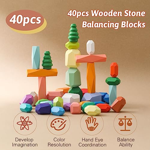 Promise Babe Juguetes apilables de Madera, Piedras de Equilibrio, Bloques de construcción de Madera Waldorf, Piedra de apilamiento de Madera arcoíris, Juguetes de Madera Montessori (48PCS Set)