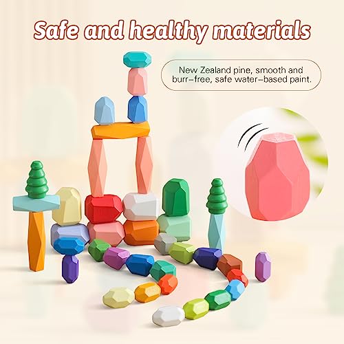 Promise Babe Juguetes apilables de Madera, Piedras de Equilibrio, Bloques de construcción de Madera Waldorf, Piedra de apilamiento de Madera arcoíris, Juguetes de Madera Montessori (48PCS Set)