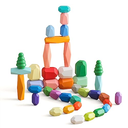 Promise Babe Juguetes apilables de Madera, Piedras de Equilibrio, Bloques de construcción de Madera Waldorf, Piedra de apilamiento de Madera arcoíris, Juguetes de Madera Montessori (48PCS Set)