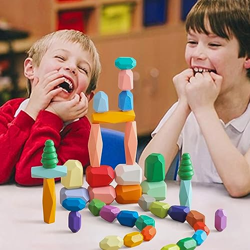 Promise Babe Juguetes apilables de Madera, Piedras de Equilibrio, Bloques de construcción de Madera Waldorf, Piedra de apilamiento de Madera arcoíris, Juguetes de Madera Montessori (48PCS Set)