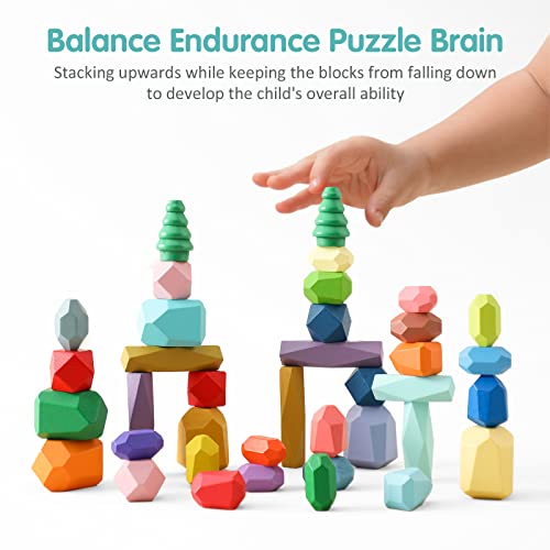 Promise Babe Montessori Juguetes Madera Niños,38 PCS Árboles del Bosque Apilamiento Piedras Equilibrio Piedras Construcción Piedras Equilibrio, Juguetes de Madera para Apilar Clasificar Deco 3+