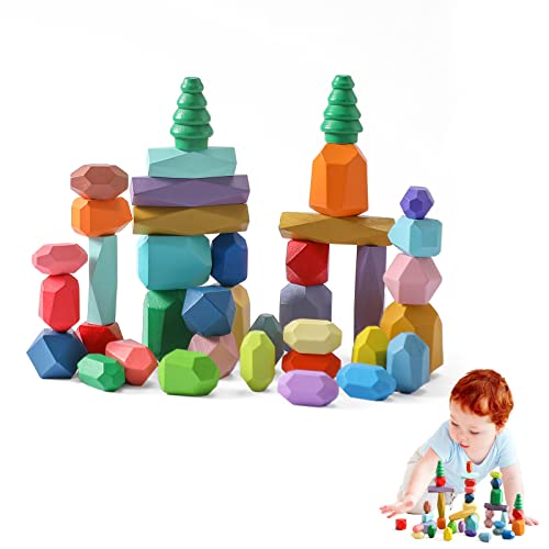 Promise Babe Montessori Juguetes Madera Niños,38 PCS Árboles del Bosque Apilamiento Piedras Equilibrio Piedras Construcción Piedras Equilibrio, Juguetes de Madera para Apilar Clasificar Deco 3+