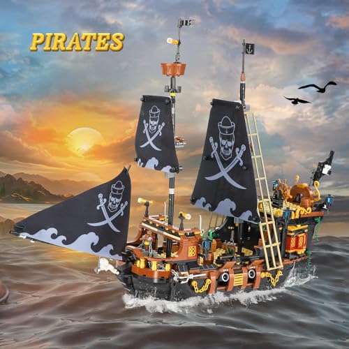 QLT QIAOLETONG Minibloques de construcción de barco pirata Black Hawk Ideas, juguete de construcción para piratas, regalo para 8-16 niños y niñas, bloques de sujeción para adultos, barco pirata (1328