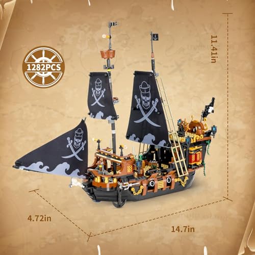 QLT QIAOLETONG Minibloques de construcción de barco pirata Black Hawk Ideas, juguete de construcción para piratas, regalo para 8-16 niños y niñas, bloques de sujeción para adultos, barco pirata (1328