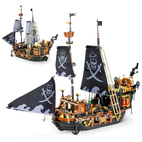 QLT QIAOLETONG Minibloques de construcción de barco pirata Black Hawk Ideas, juguete de construcción para piratas, regalo para 8-16 niños y niñas, bloques de sujeción para adultos, barco pirata (1328