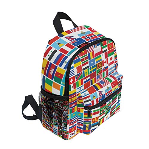 QMIN Mochila para niños, diseño de Bandera del Mundo, Bolsa de Hombro para niños pequeños para Escuela Preescolar, Bolsa de Viaje Elemental para niños y niñas