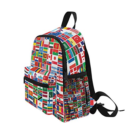 QMIN Mochila para niños, diseño de Bandera del Mundo, Bolsa de Hombro para niños pequeños para Escuela Preescolar, Bolsa de Viaje Elemental para niños y niñas